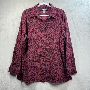 Sag Harbor Leopard Animal Print Button Front Blouse Size 16W Magenta Long Sleeve